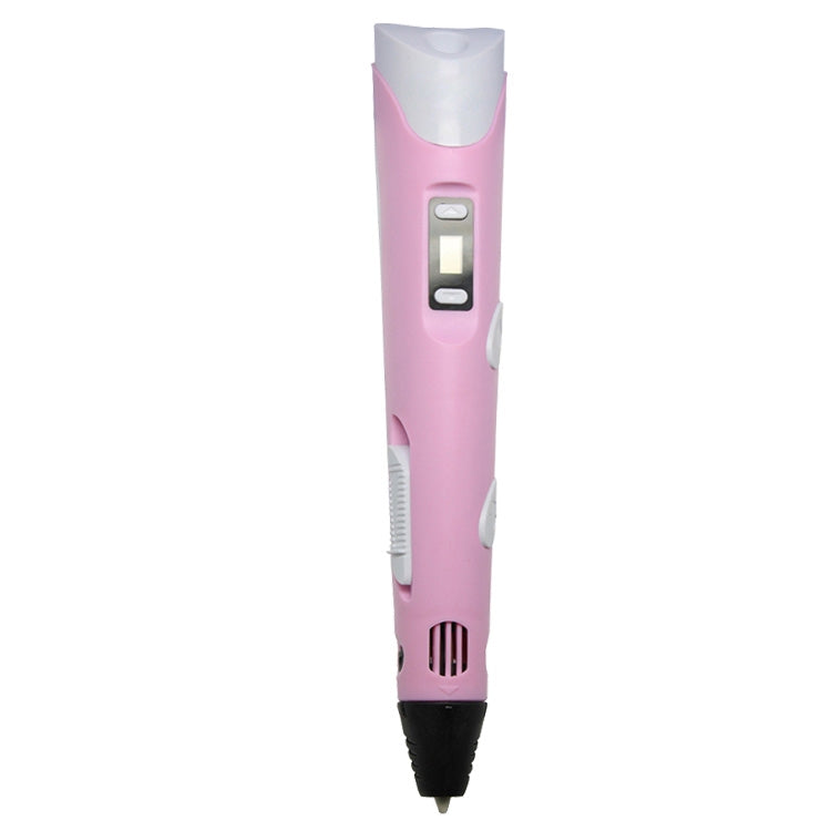 Hand-held 3D printing pen with pink body and black nozzle, shown in full length
