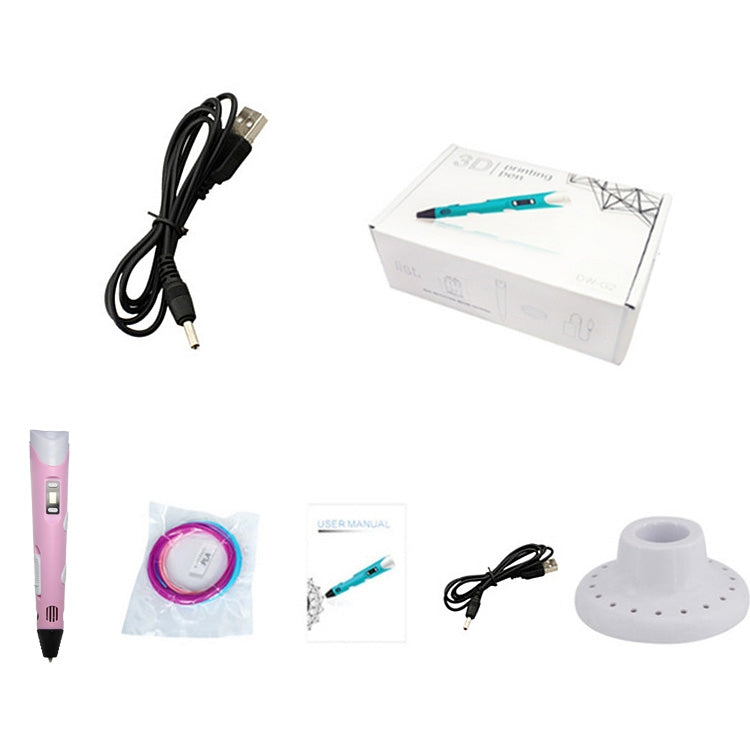 Hand-held pink 3D printing pen kit with cable, manual, box, and filament spool