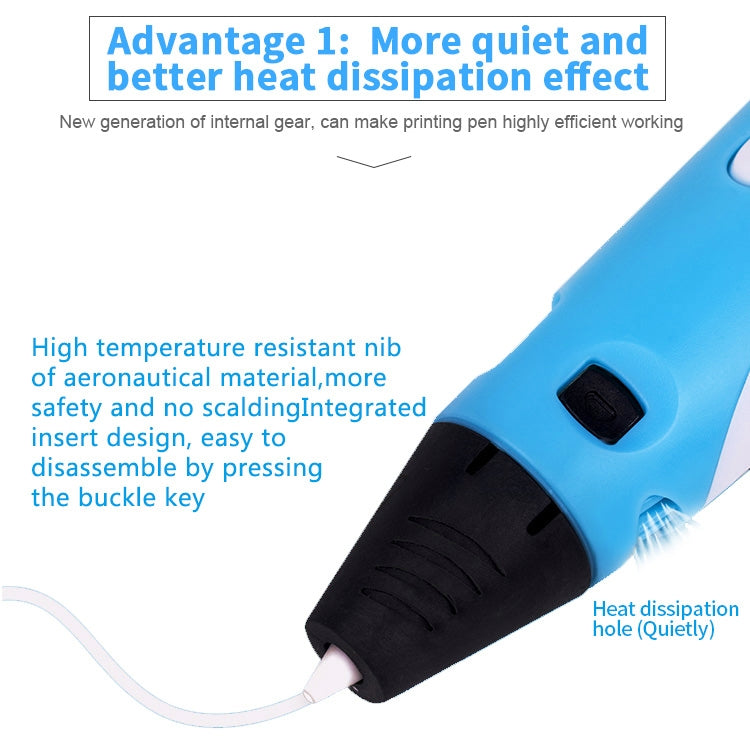 Blue hand-held 3D printing pen close-up of black nozzle and heat dissipation hole