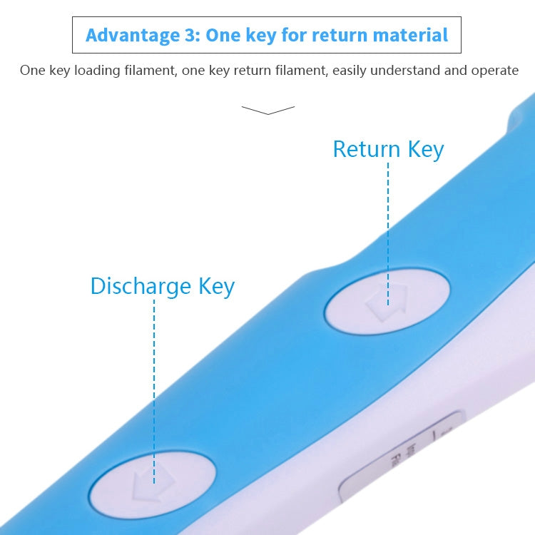 Blue hand-held 3D printing pen with two side keys for discharge and return