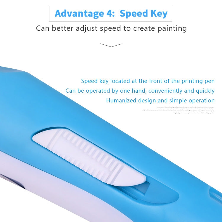 Blue hand-held 3D printing pen close-up of front speed key area