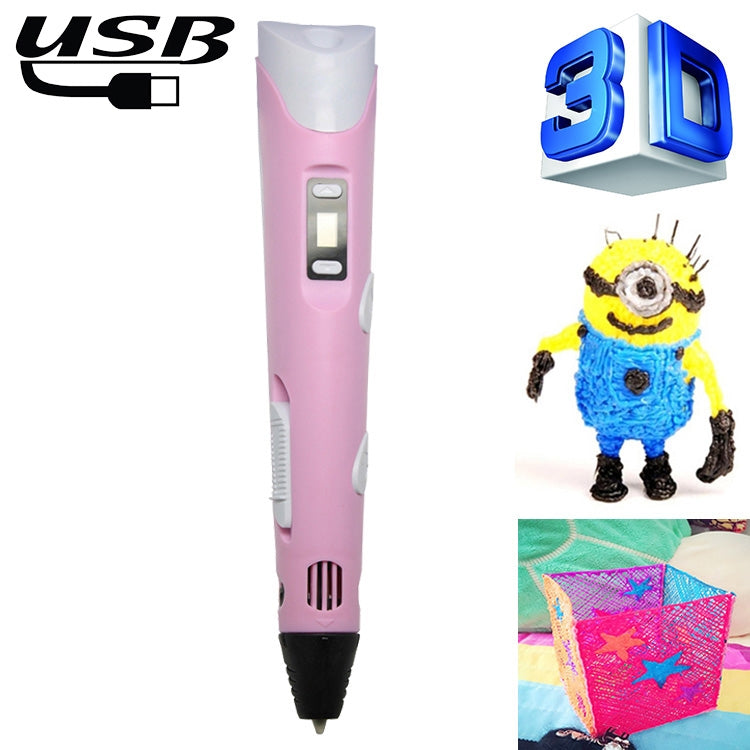 Hand-held 3D printing pen with pink body and black nozzle, side controls and LED display