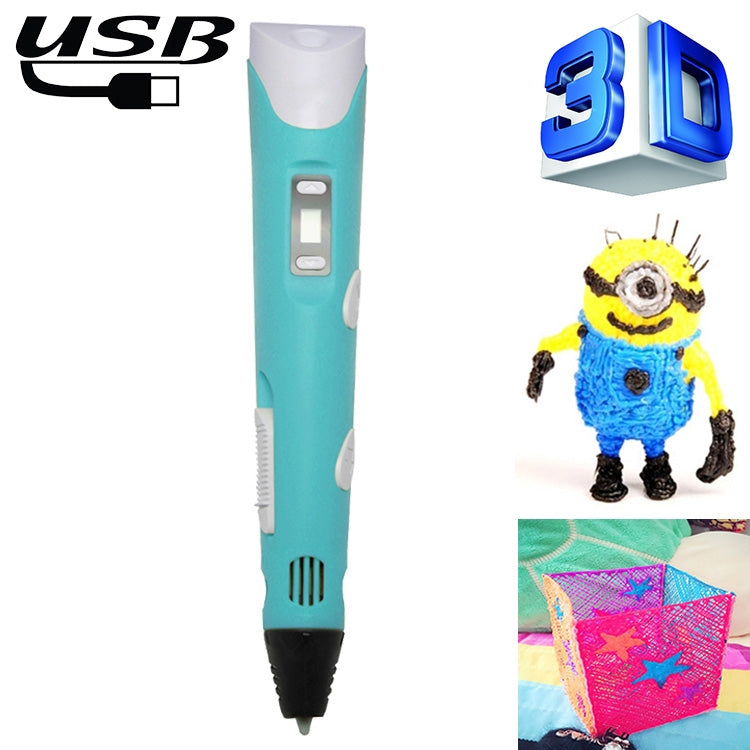 Hand-held 3D printing pen with USB plug, teal blue body and black tip