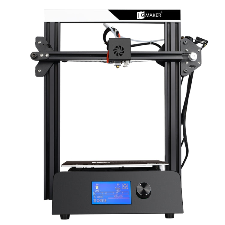 Desktop 3D printer, side view with cooling fan and front LCD screen