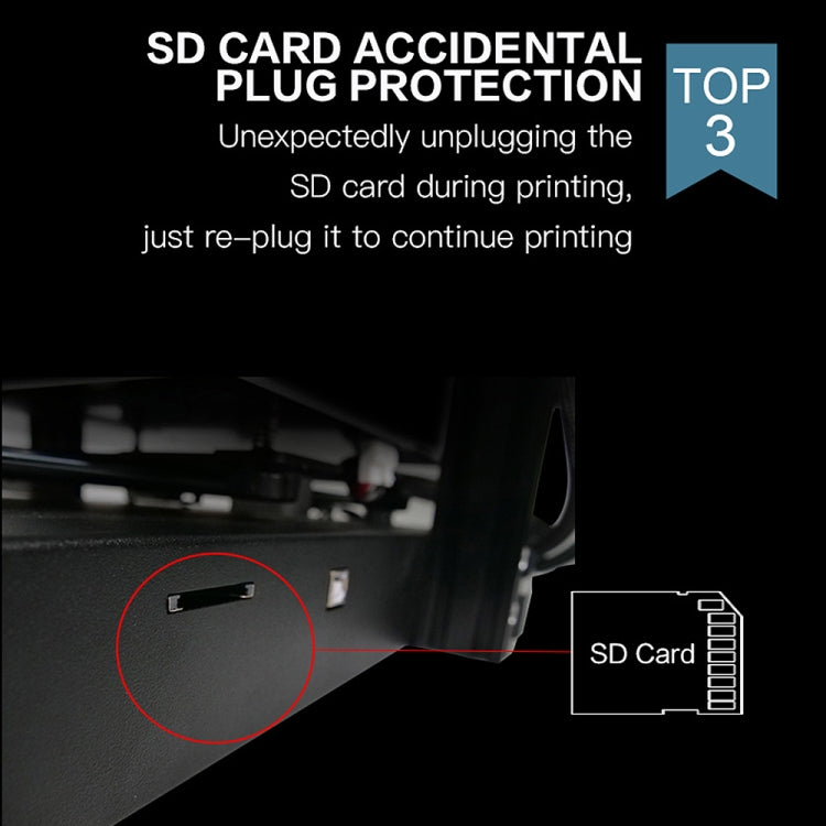 3D printer SD card slot close-up with card insertion shown.