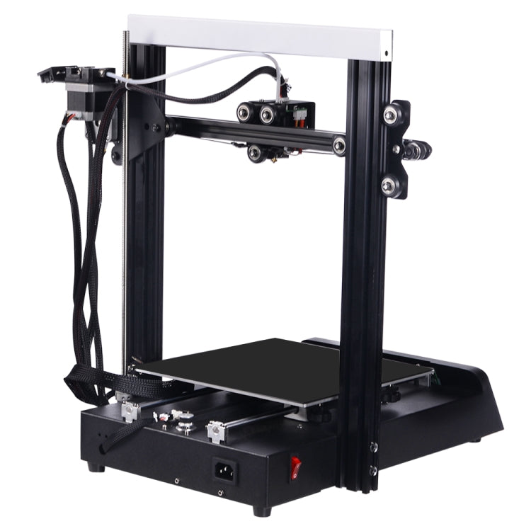 Desktop 3D printer, angled view showing build plate and linear rails