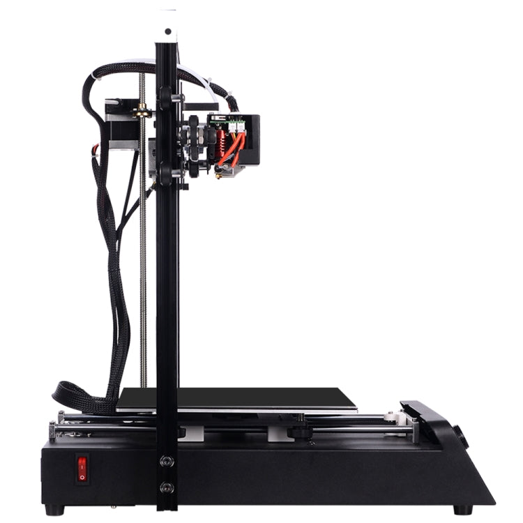 Desktop 3D printer, side view with cable bundle and flat heated bed