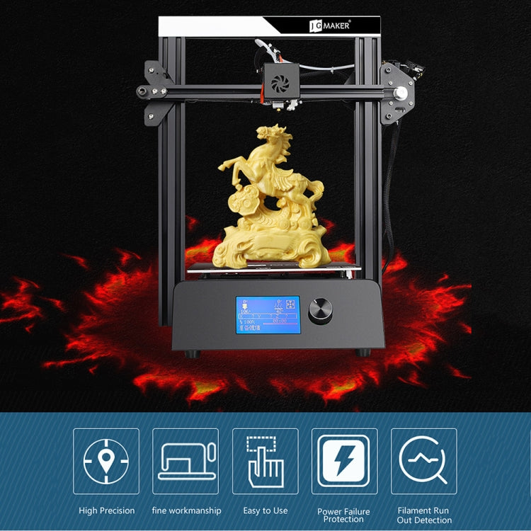 Desktop 3D printer with LCD screen and visible figurine in build chamber