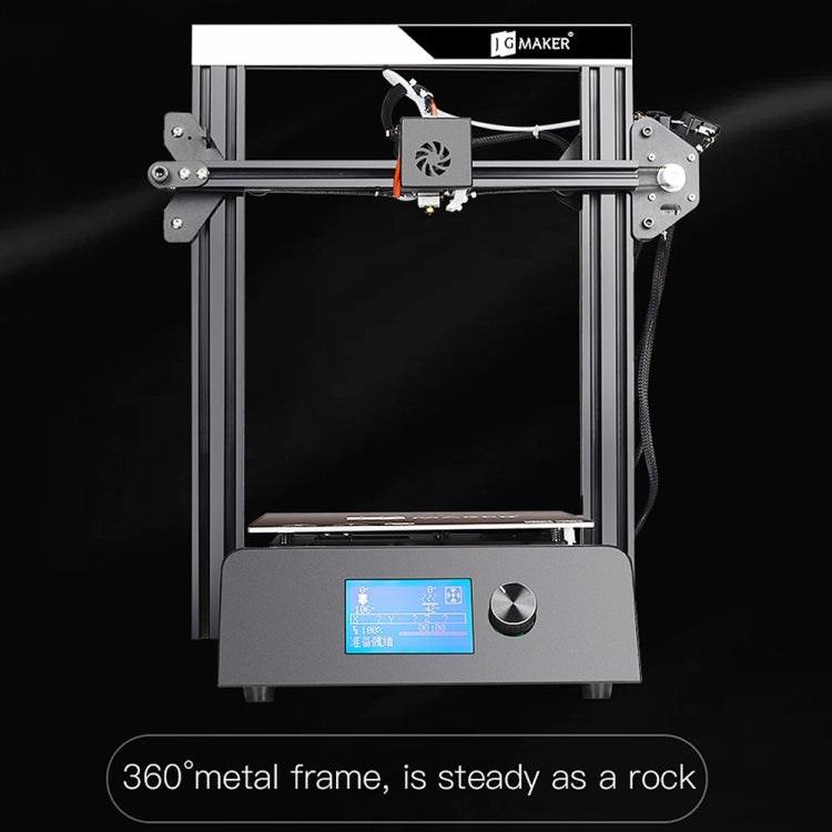Desktop 3D printer front view with LCD screen and cooling fan on gantry
