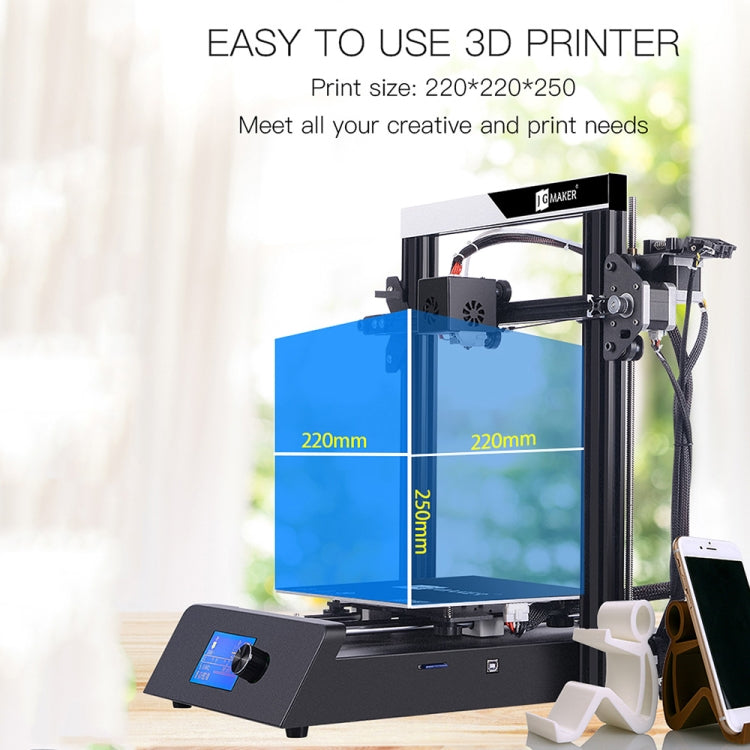 Desktop 3D printer with LCD screen on base, printing bed and frame