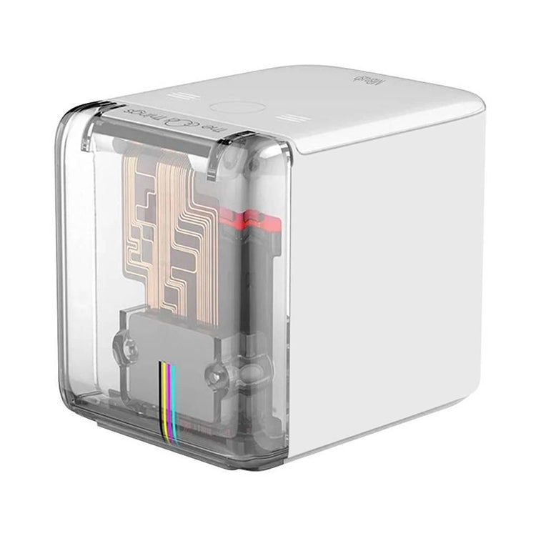 White mini portable color printer with clear side cover showing internal parts