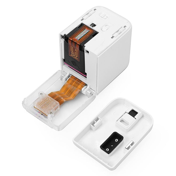 White mini portable color printer open with paper feed carriage and parts tray