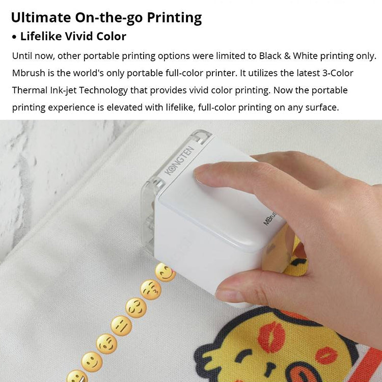White mini portable color printer pressing onto fabric with hand
