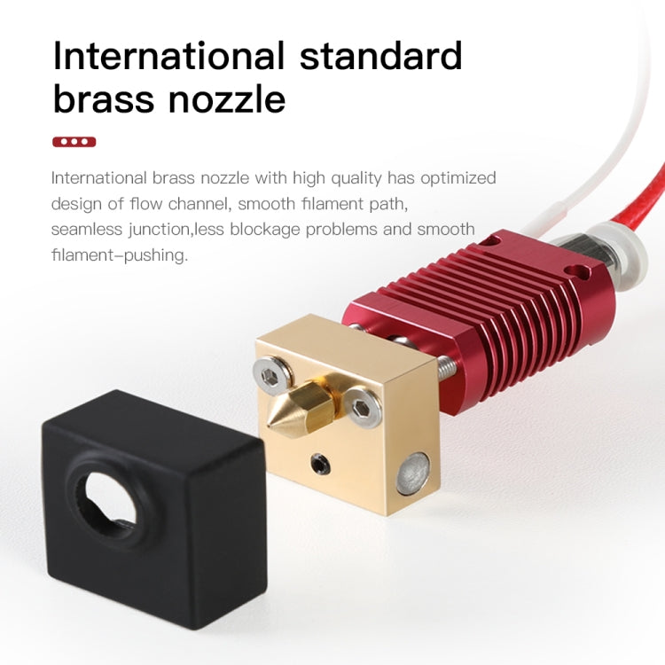3D printer hot end nozzle kit with brass nozzle, red heater cartridge, and black insulator