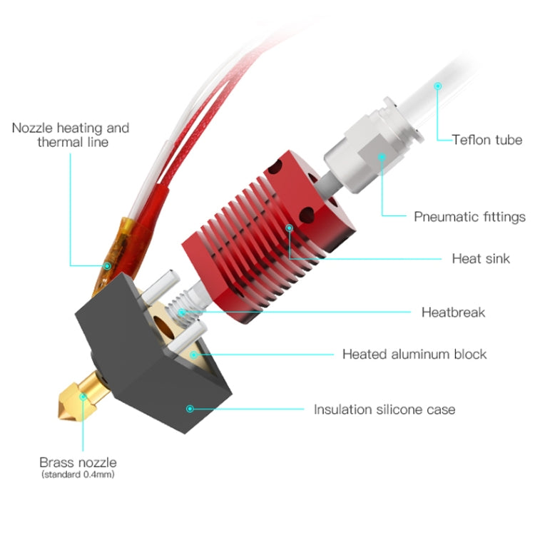 3D printer hot end assembly with teflon tube, heat sink, and brass nozzle