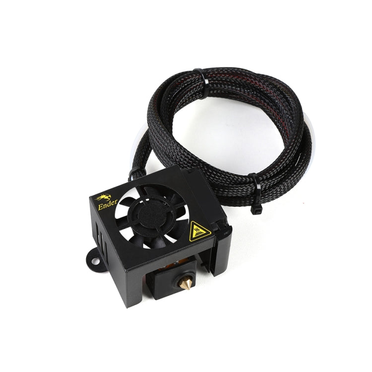 3D printer hot end kit with cooling fan, black shell, and braided cable lead