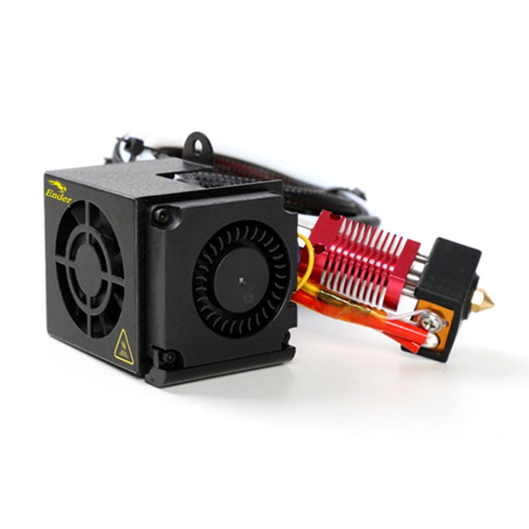 3D printer extruder hot end assembly with fan and red heatsink tube