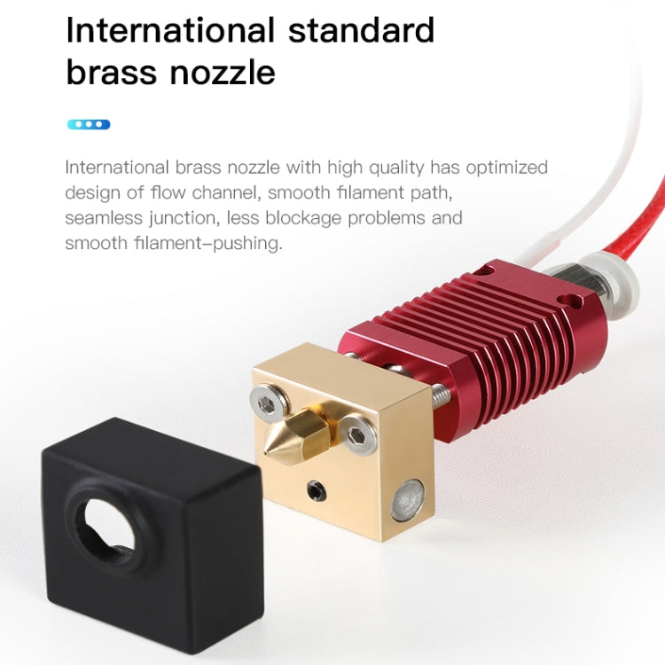 3D printer hot end nozzle assembly with brass nozzle and red heat block