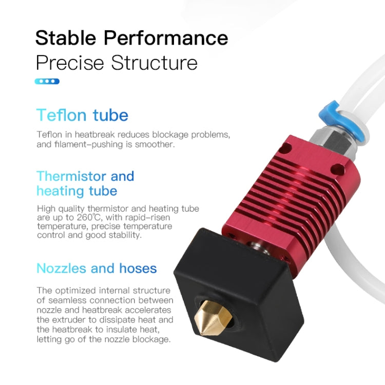 3D printer hot end with red heating tube, thermistor, and black nozzle block