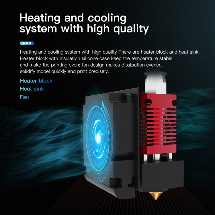 3D printer heating and cooling assembly with fan airflow around red heater block