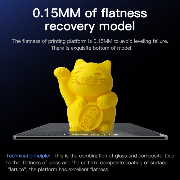 Heated glass build plate with CREALITY logo and yellow figurine test print