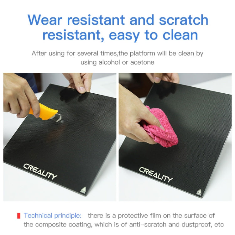 Heated glass build plate with CREALITY logo, wiped clean with cloths