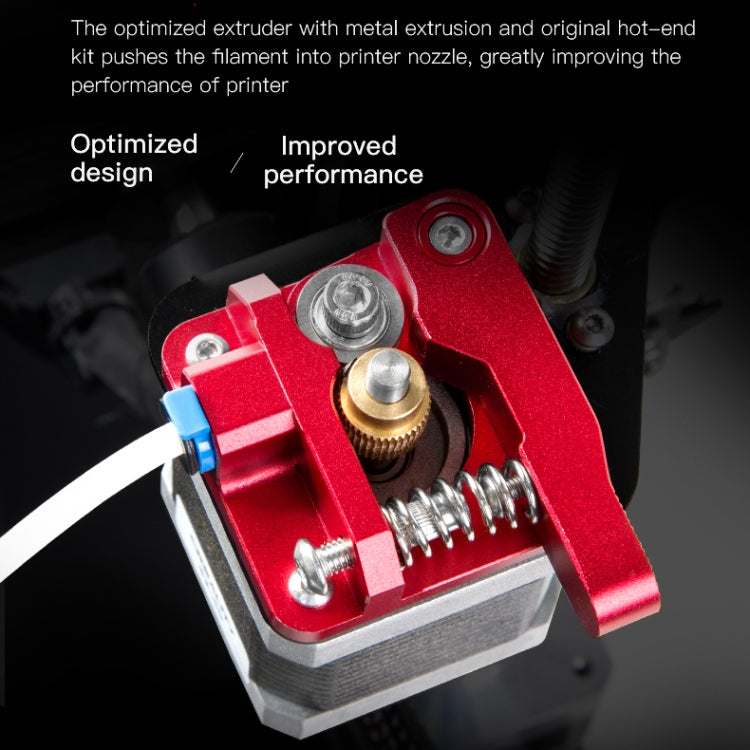 Red metal extruder assembly with gear, brass nozzle, and coiled spring