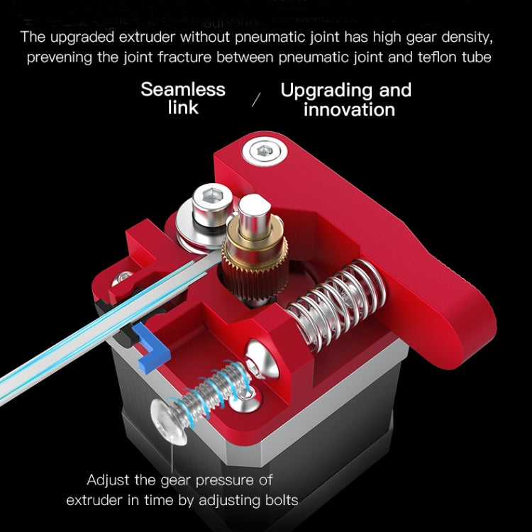 Red metal extruder assembly with adjuster knobs and spring-loaded mechanism