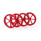 Set of red metal leveling nuts showing multiple four-spoke hand-screw wheels