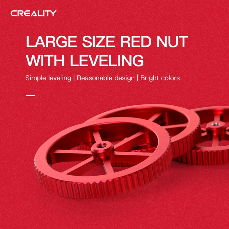 Close-up of a red metal four-spoke hand-screw leveling nut with knurled outer ring