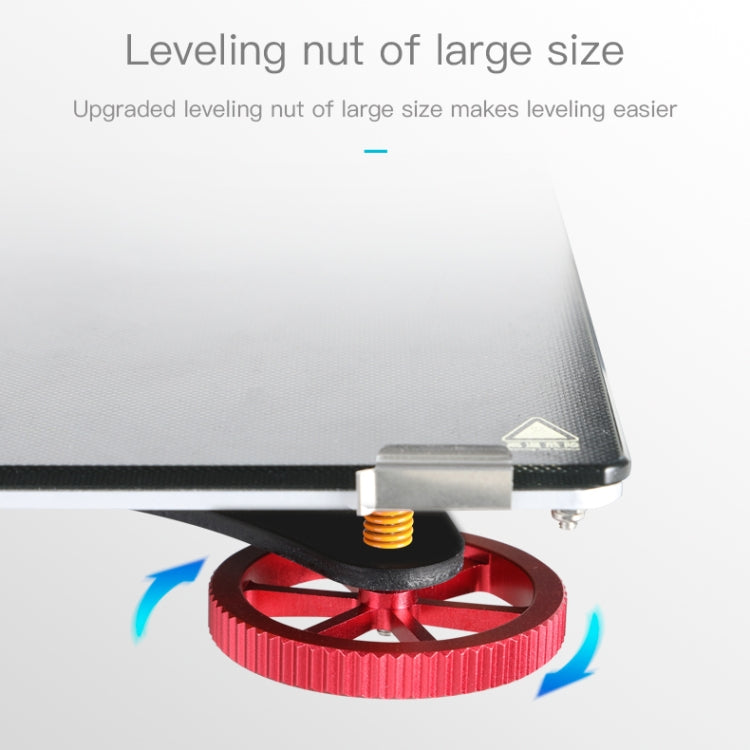 Red metal leveling nut under a printer bed corner, with visible threaded screw