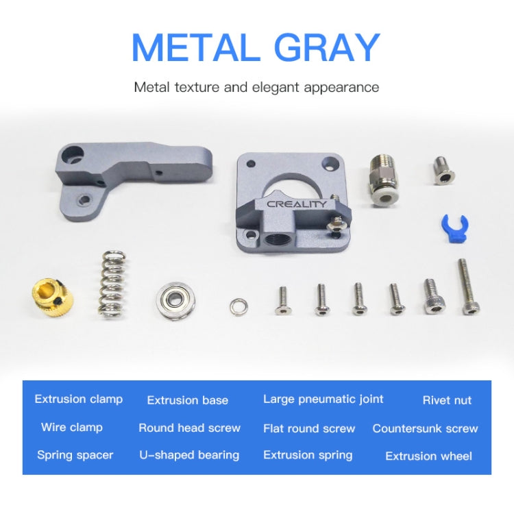 Metal gray Bowden extruder kit with extruder base, clamp, bearing, and assorted screws