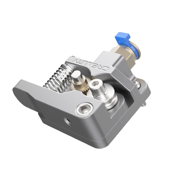 All-metal Bowden extruder kit, silver extruder assembly with blue cap and brass fitting