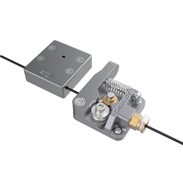 All-metal Bowden extruder kit, silver unit with black Bowden tube and blue adjustment area
