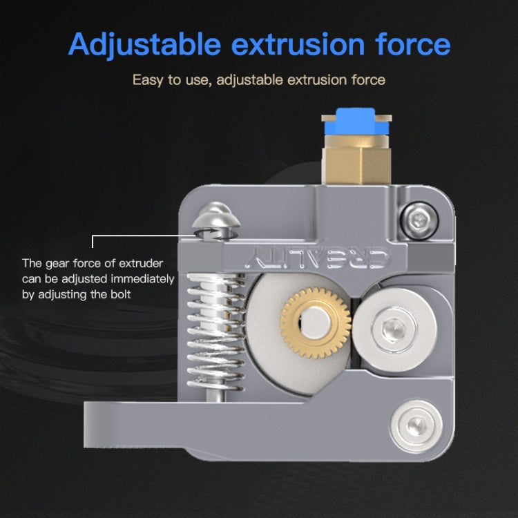 All-metal Bowden extruder kit, close-up of silver gear housing with blue adjustment knob