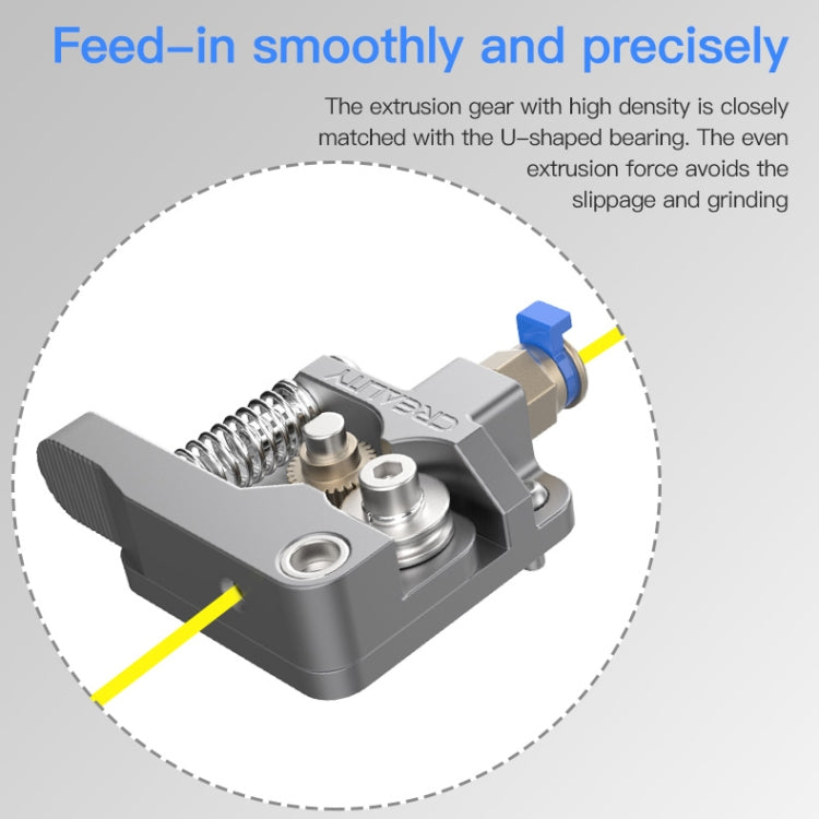 All-metal Bowden extruder kit, silver body with blue nozzle and internal gear detail