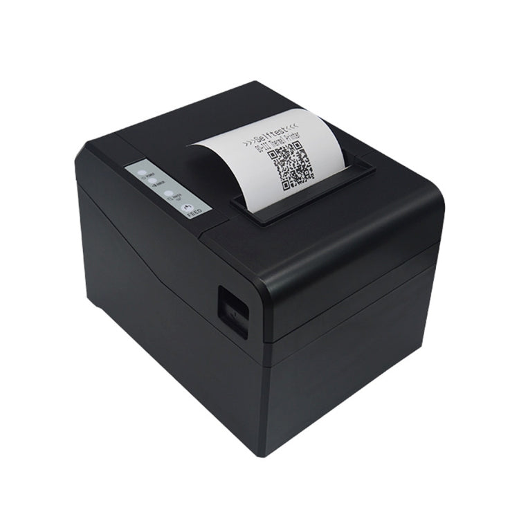 Black thermal receipt printer with open top lid and QR code label