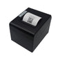 Black thermal receipt printer with paper loaded and QR code on the lid