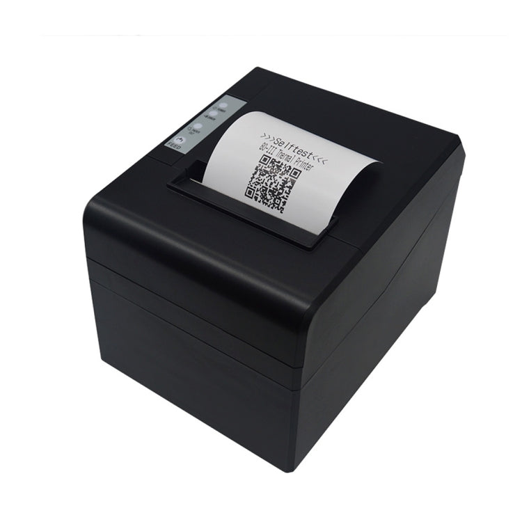 Black thermal receipt printer with paper loaded and QR code on the lid
