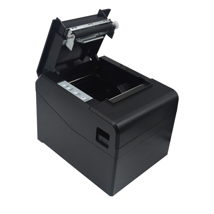 Black thermal receipt printer with open cover showing internal paper path