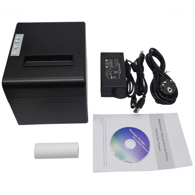 Black thermal receipt printer kit with power adapter, cables, roll, and manual