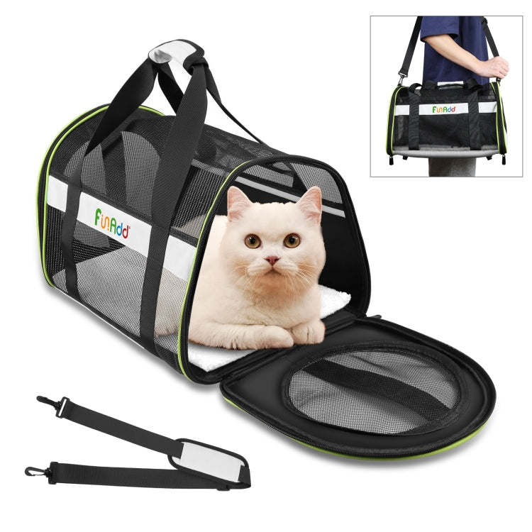Foldable pet travel carrier bag with mesh window, black and grey with green trim