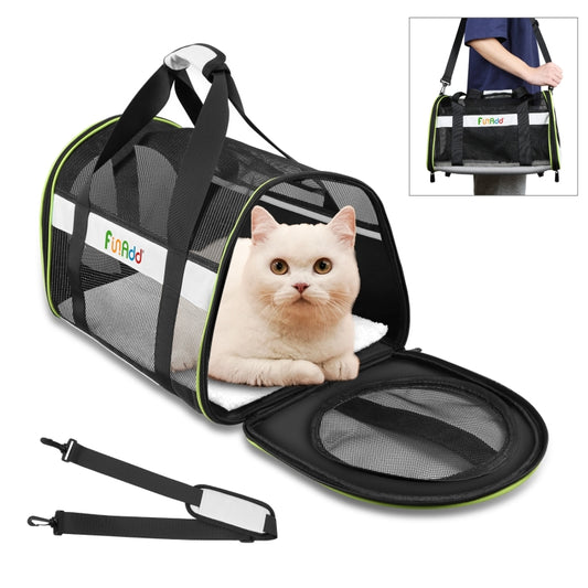 Foldable pet travel carrier bag with mesh window, black and grey with green trim