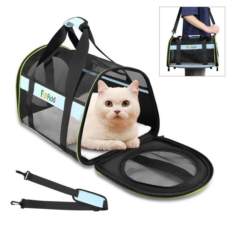 Foldable pet travel carrier bag with cat inside, mesh windows and green-trimmed frame