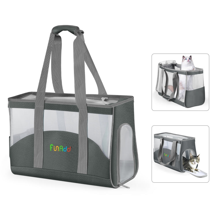 Grey portable breathable pet carrier bag with mesh sides and top carry handles