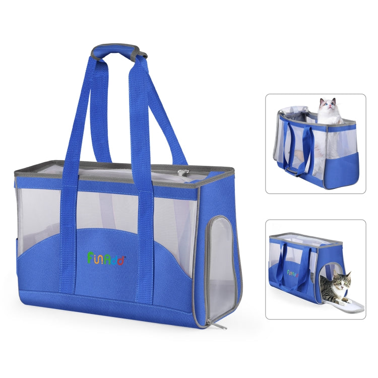 Blue portable breathable pet carrier bag with mesh sides and top carry handles