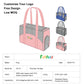 Set of portable pet carrier bags in pink, blue, and grey with mesh panels and handles