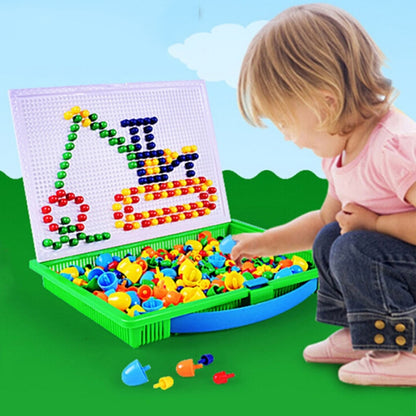 Green desktop pegboard bead puzzle set with colorful mushroom bead pattern