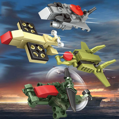 Assembled block tank and jet toy with green and red accents, yellow body and wheels