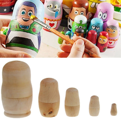 Painted wooden nesting dolls set with colorful character faces and stacking pieces